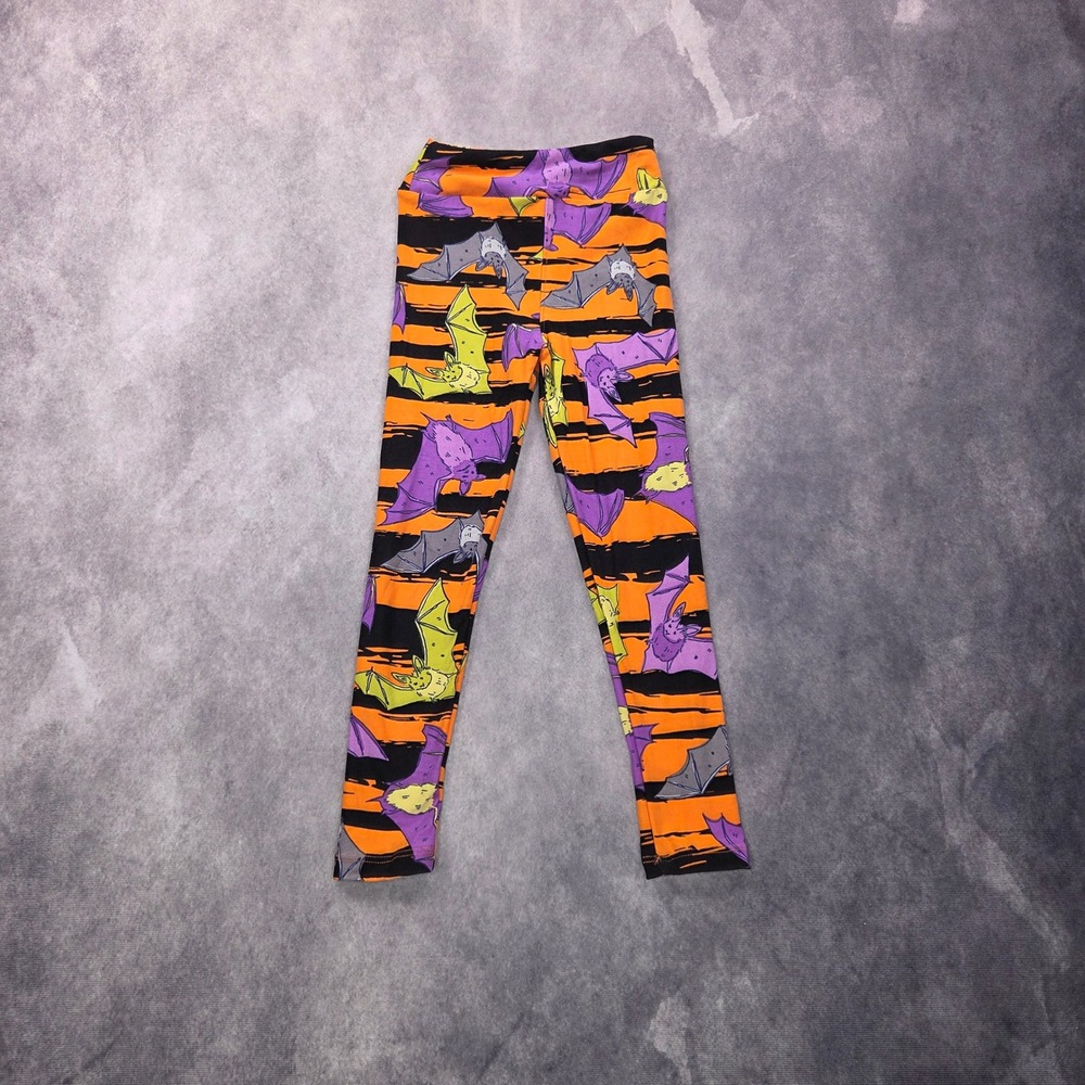 LuLaRoe Leggings Kids SM Halloween Bats Orange Black Striped Spooky Festive Soft